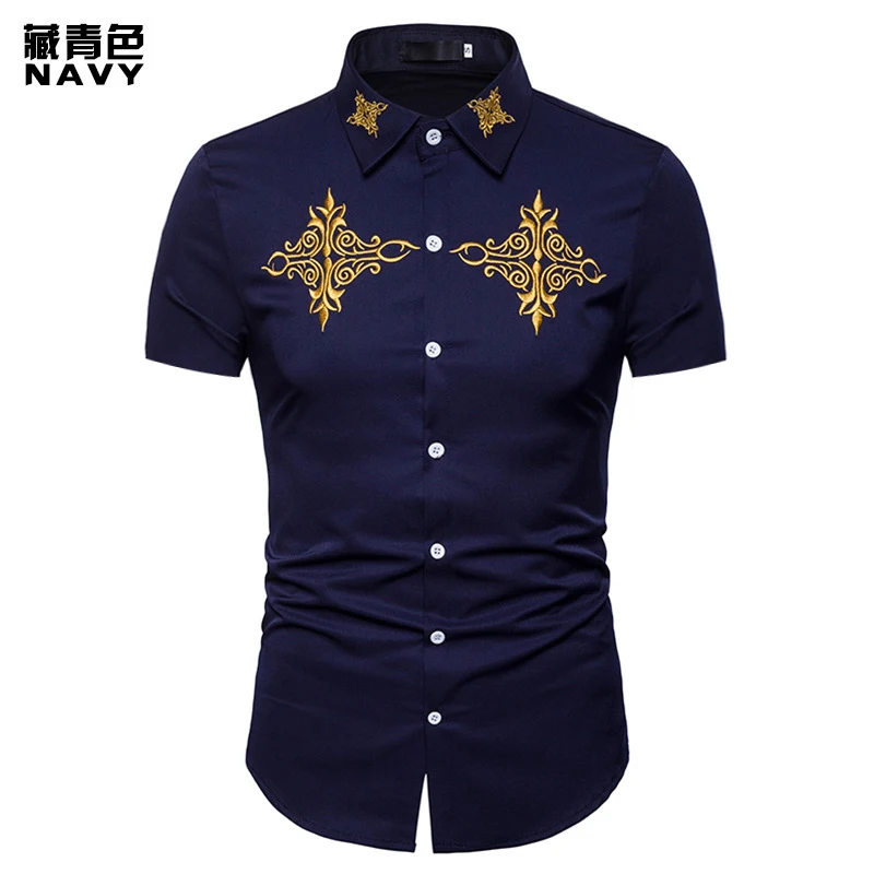 FFXZSJ Лето Мода Тотем вышитые рубашки slim fit короткий рукав Camisas в новая кнопка Повседневная рубашка Этническая рубашка для мужчин - Цвет: DA10-Navy