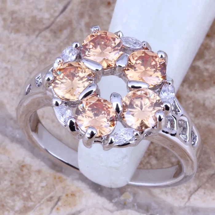 

Resplendent Brown Morganite White CZ Silver Plated Stamped 925 Women's Jewelry Ring Size 6 / 7 / 8 / 9 R0393