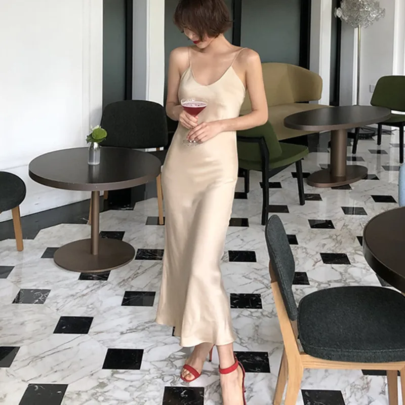 

2019 Sping and Summer apricot satin strap dress long dress women ladies sexy dresses for party