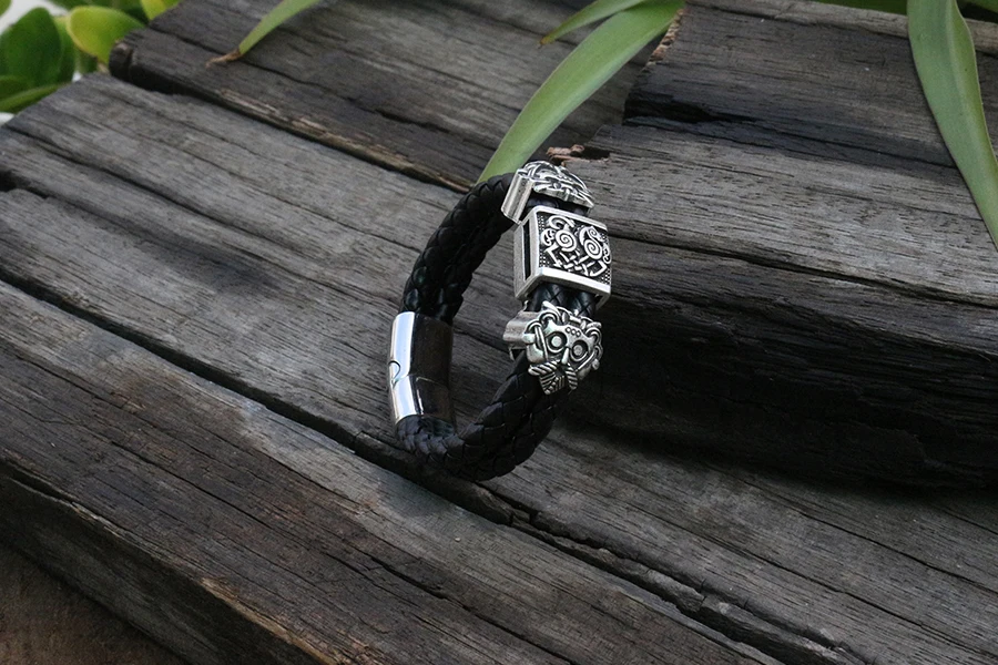 viking slavic Cowhide bracelet men Black Braided Leather Cuff Stainless Steel Magnetic Clasp Genuine Leather Bangles