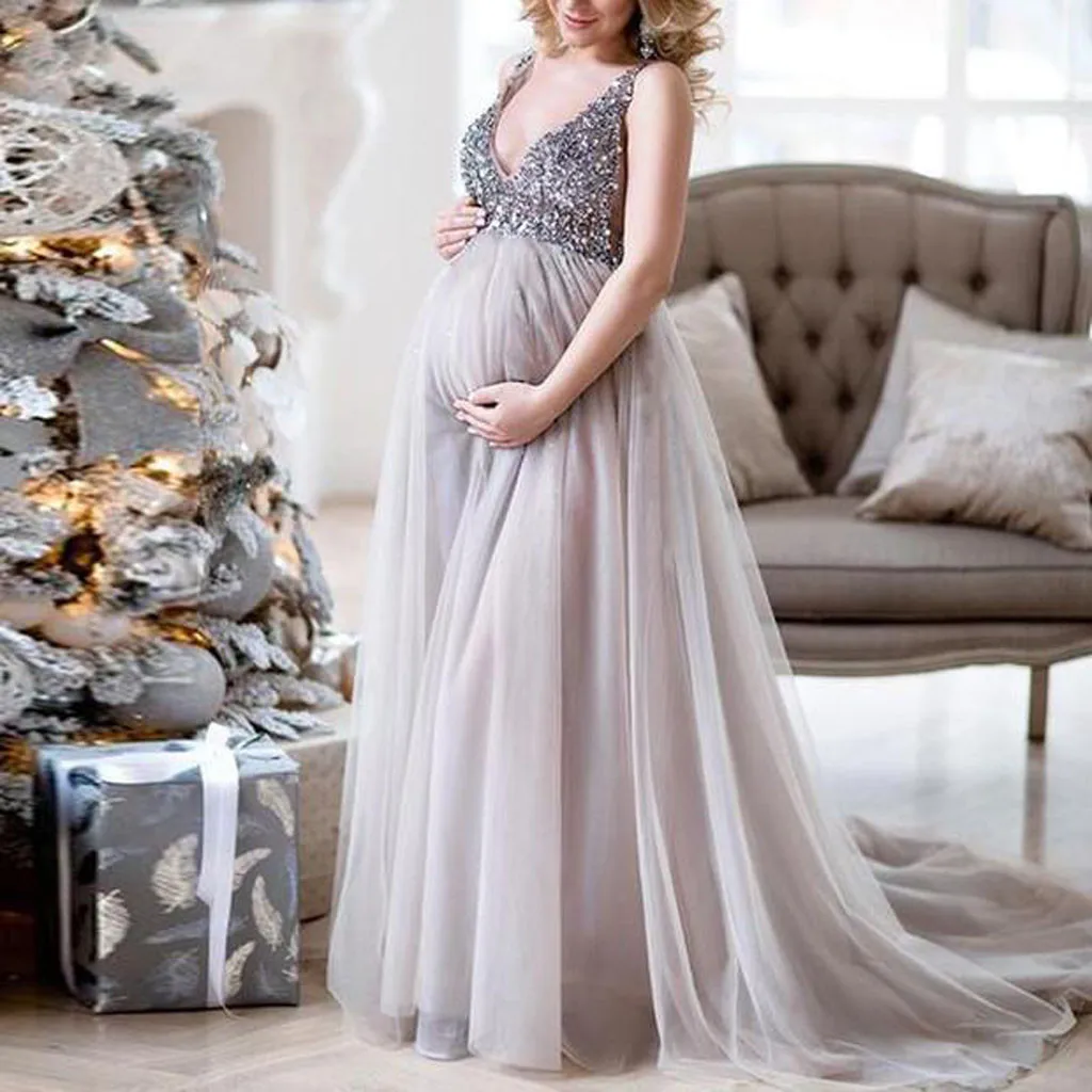 Платье для беременных фотография Реквизит сексуальные женщины Беременная Слинг V шеи блесток коктейльное длинное выпускное платье летнее платье T9