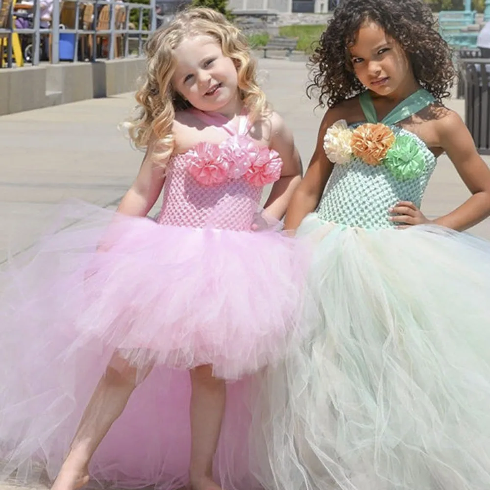 Handmade Removable Long Train Tail Girls Flower Tulle Tutu Dress Princess Costume Kids Pageant Birthday Party