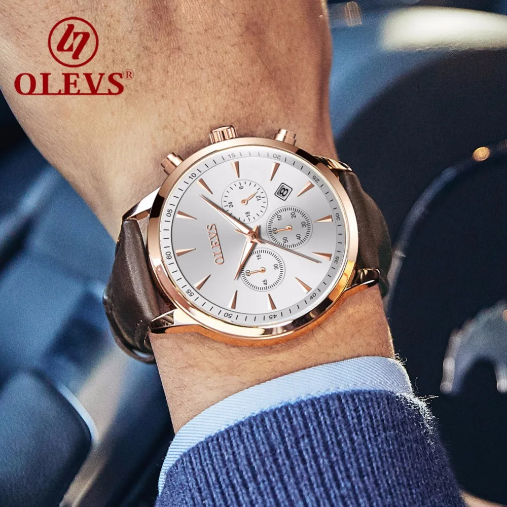 OLEVS Топ люксовый бренд мужские наручные часы кожаный Хронограф