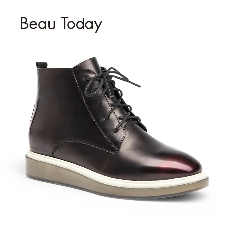 

Beau Today Genuine Leather Ankle Boots Women Lace-Up Casual Square Toe Patent Cow Leather Zipper Ladies Shoes 05307