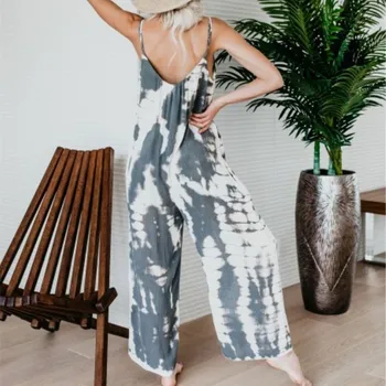 

2019 Sleeveless Backless Loose Jumpsuit Women Spaghetti Strap Wide Leg Playsuits Casual Print Long Bodysuits