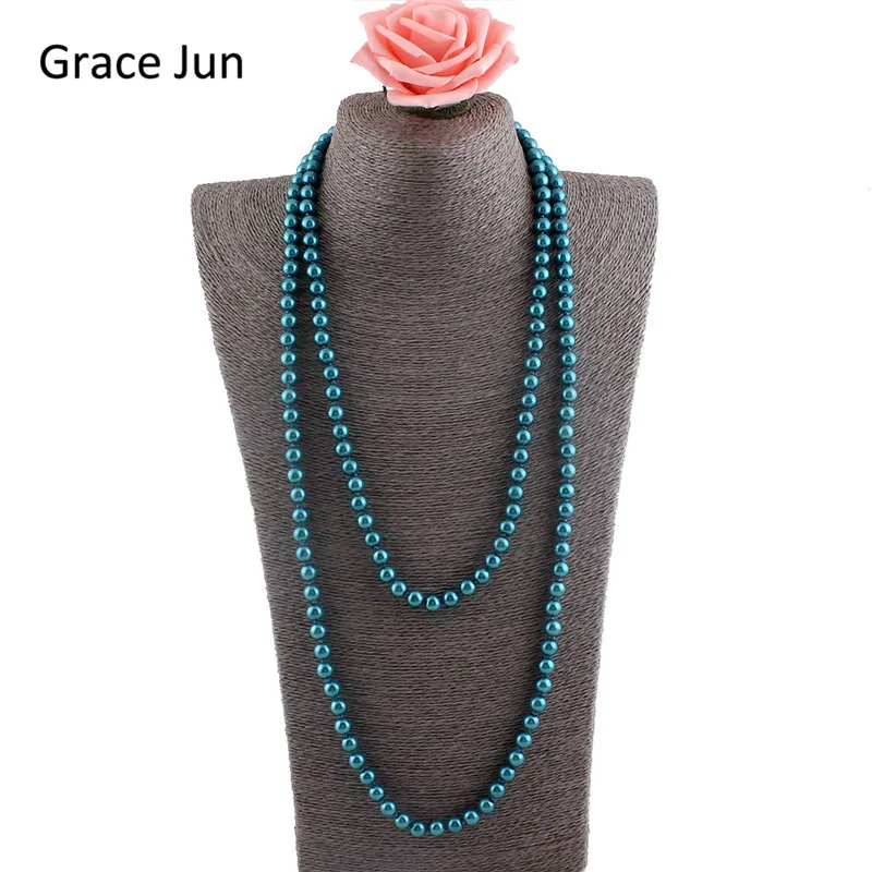 Бренд Grace Jun, 14 цветов, высокое качество, роскошная мода, стекло, искусственный жемчуг, для женщин, вечерние, свадебные, ручной работы, длинное жемчужное ожерелье 55" - Окраска металла: blue