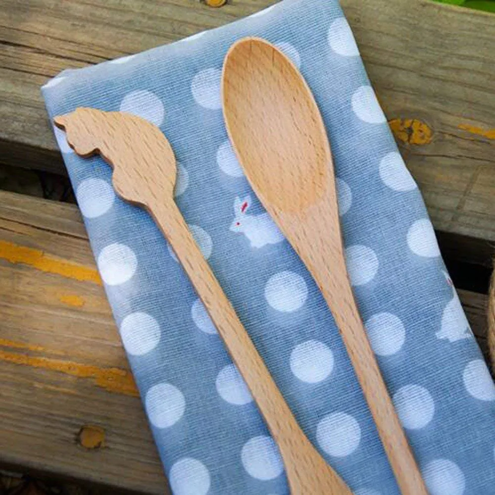 Cute Cat Wood Spoons Wooden Soup Spoon Long Handle Coffee Tea Drink Bar Cocktail Stirrer Mixing Eco Friendly Natural Ellipse Wooden 4 Pieces4