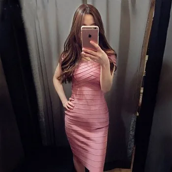 

Women Bandage Dress High Quality Sexy Slash neck Pink Celebrity Elegant Fashion Bodycon Evening Party Lady Dresses
