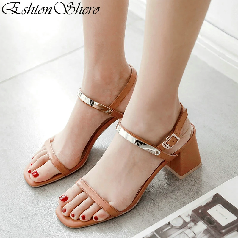 

EshtonShero Women Sandals Summer Shoes Woman Med Heels Platform Buckle Leather Classic Pumps Ladies Wedding Shoes Size 3-8