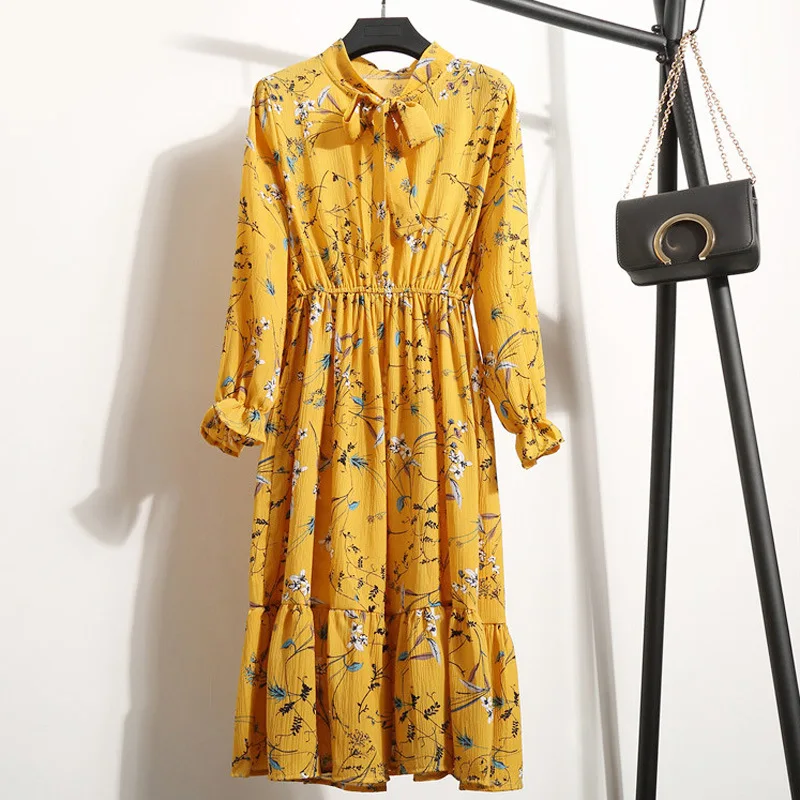 

Elastic Waist Sweet Tunic Fashion Spring Summer Dress Vintage Women Chiffon Floral Dress Casual Slim Print Bow Tie Neck Dresses