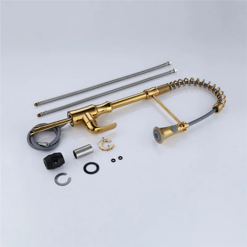 Kitchen Sink Faucets Brass Pull Out/Down Golden Sink Mixer Tap With Spring Hose Single Handle Hot & Cold Kitchen Crane Faucet Kitchen Sink Faucets Brass Pull Out/Down Golden Sink Mixer Tap With Spring Hose Single Handle Hot & Cold Kitchen Crane Faucet