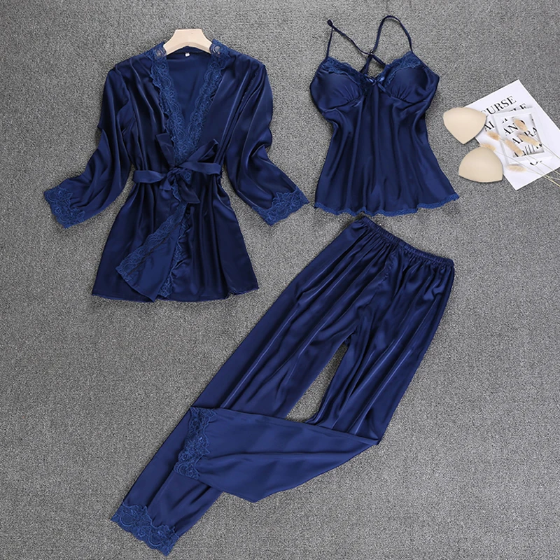 Ladies Silk Satin Sleepwear Set Lace Robe Pajama Set Summer Bathrobe