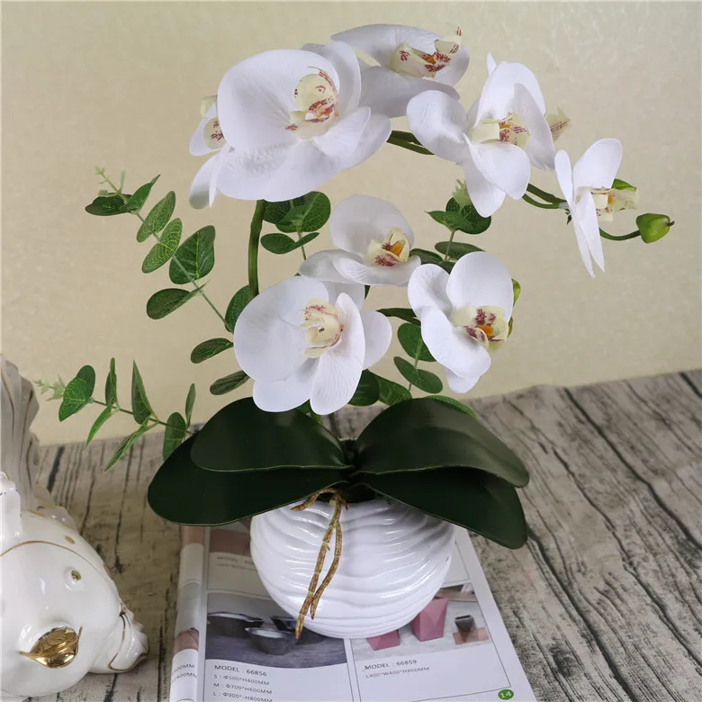 

1set silicon like real touch artificial orchid arrangement white ceramic vase orchidee high quality artificial flower
