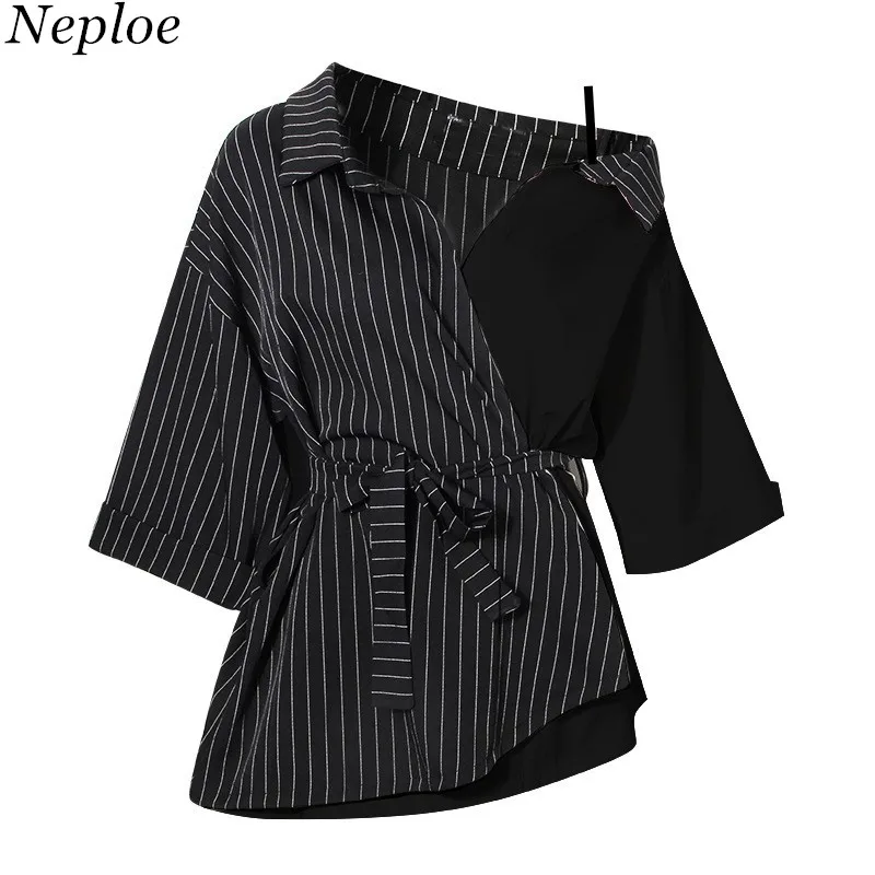 

Neploe Slim Lace-up Irregular Women Shirts Three Quarter Sleeve Patchwork Blouse Tops Striped 2019 Summer New Korean Blusa 68119