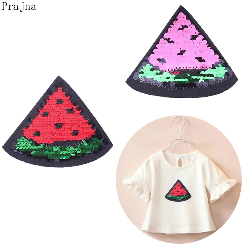 

Prajna Kids Cartoon Watermer Fruit Patch Reversible Sequin Patch Fabric Applique Sew On Embroidered Patches For Clothes Stripes
