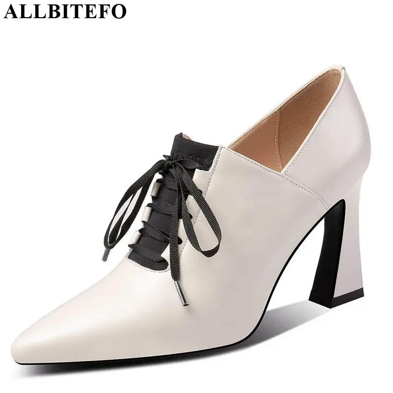 

ALLBITEFO high quality genuine leather women heels Frenulum sexy ladies fashion high heel shoes spring autumn comfortable