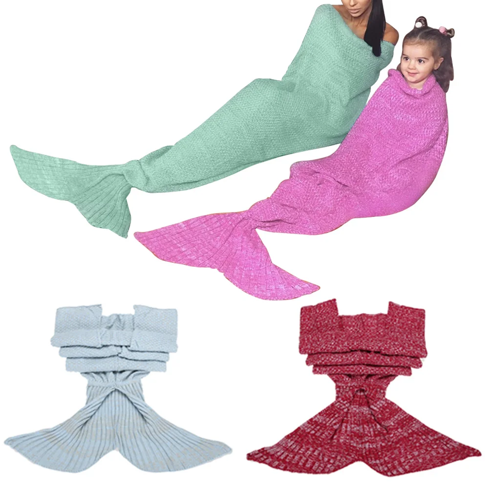 

4 Colors Children/Adult Mermaid Tail Sofa Blanket Super Soft Warm Hand Crocheted Knitting Wool For Family Home Party Blankets