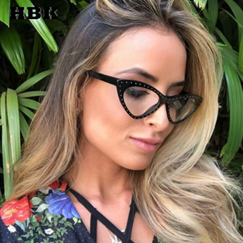 

HBK Unisex Cat Eye Eyeglasses Frame Modis Diamond 2019 Brand Designer Plain Transparent Glasses For Women Men Myopia Optional