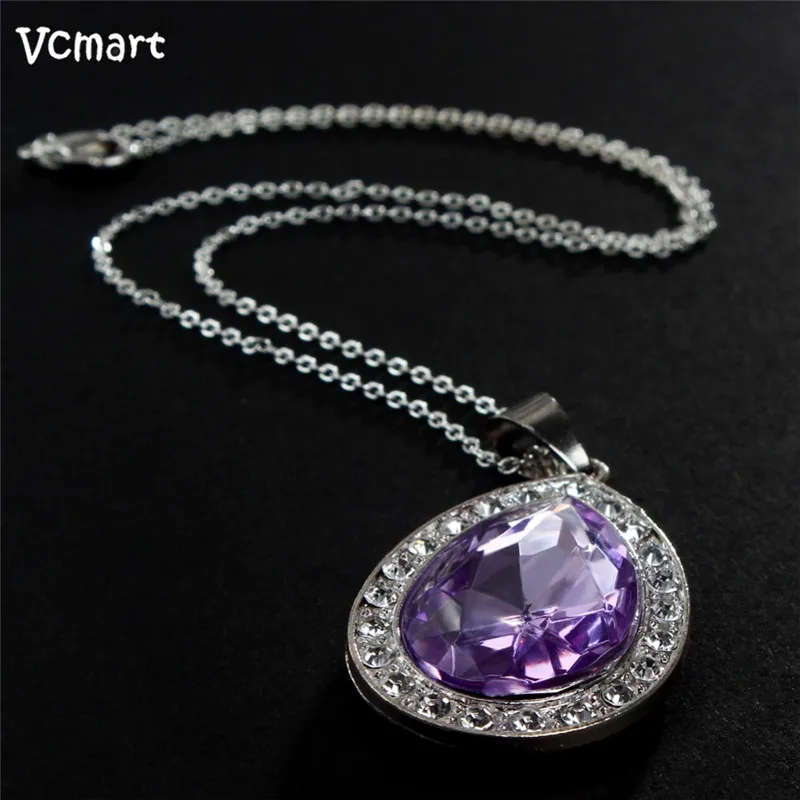 

New Oval Purple Tear Drop Chain Necklace for Women Kids Rhinestone Sofias Amulet Princess Deep Purple Necklace