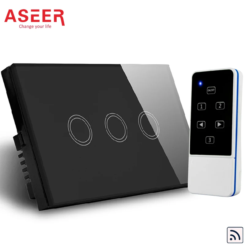 ASEER US/AU Standard 2500W 3Gang Capacitive Touch Glass Panel Wireless Electrical Touch Light