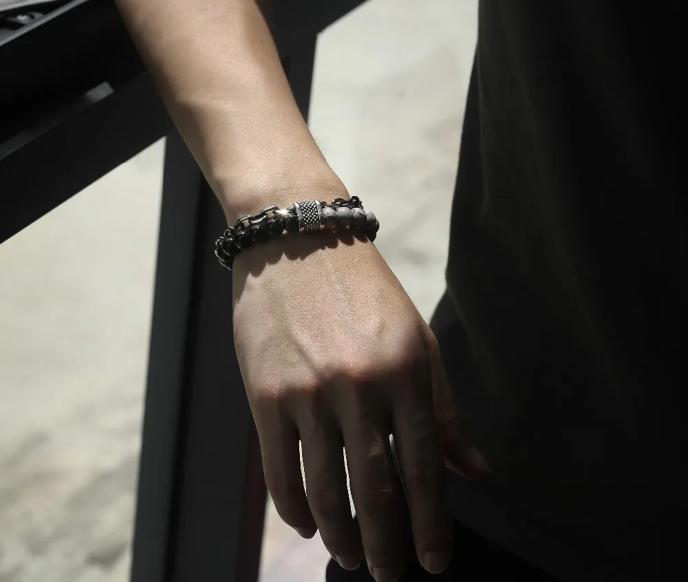 Davieslee Bracelet for Men Glass Map Stone Beads Chain Cut Cable Link Stainless Steel Black Gunmetal Tone Mens Bracelets DDB33