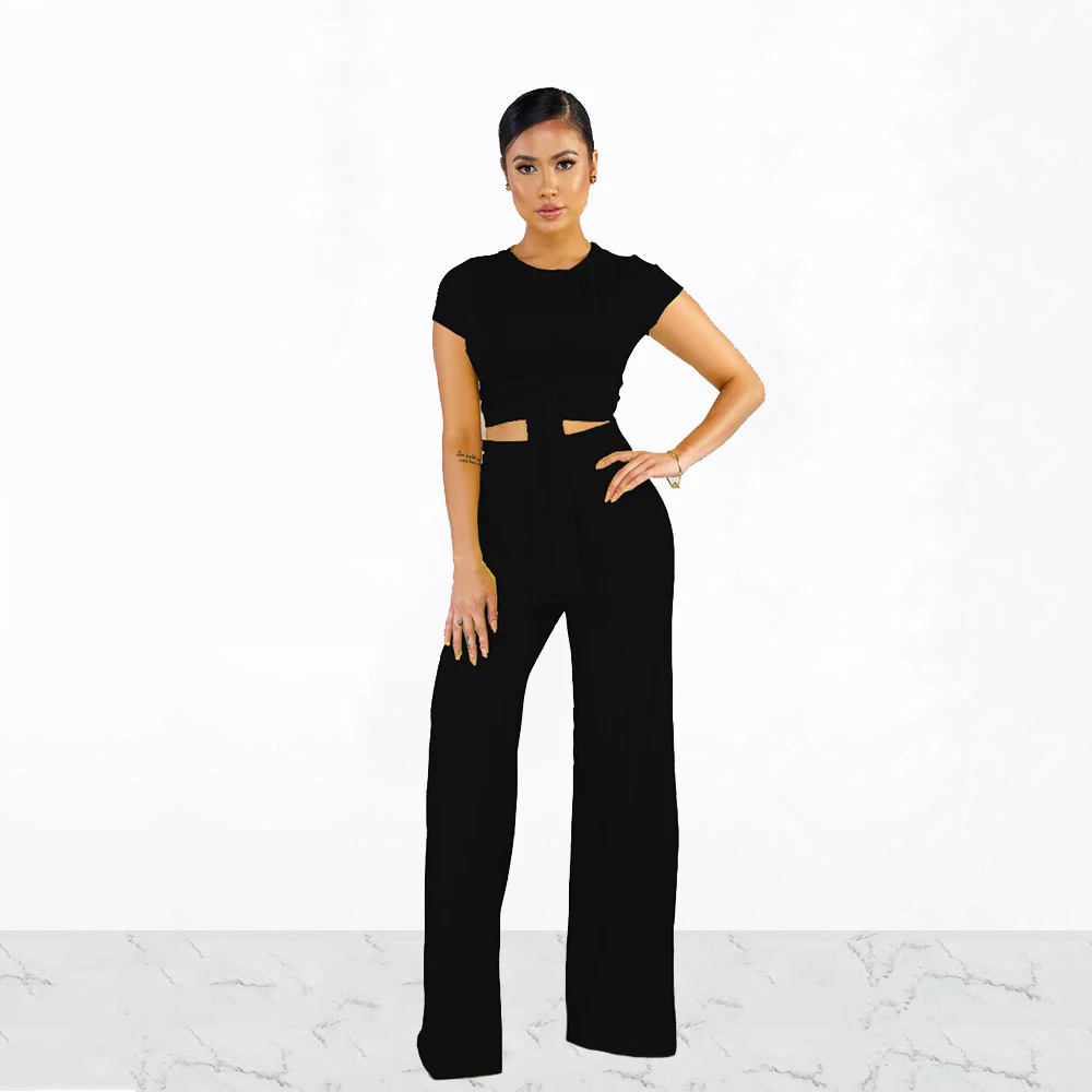 

Women Casual Solid Two Piece Set Short Sleeve O-Neck Sashes Decorate Crop Top And Loose Long Pants Female Summer Outfits