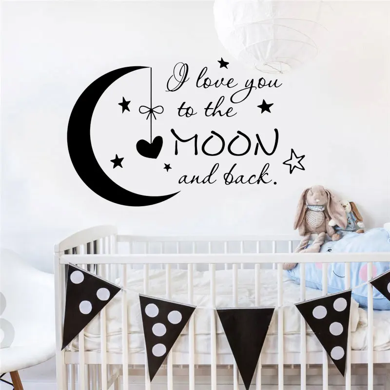 

I Love The Moon And Black Quote Vinyl Wall Sticker Baby Kids Room Mural Nursery Child Bedroom Self-adhesive Decal Cartoon BO39