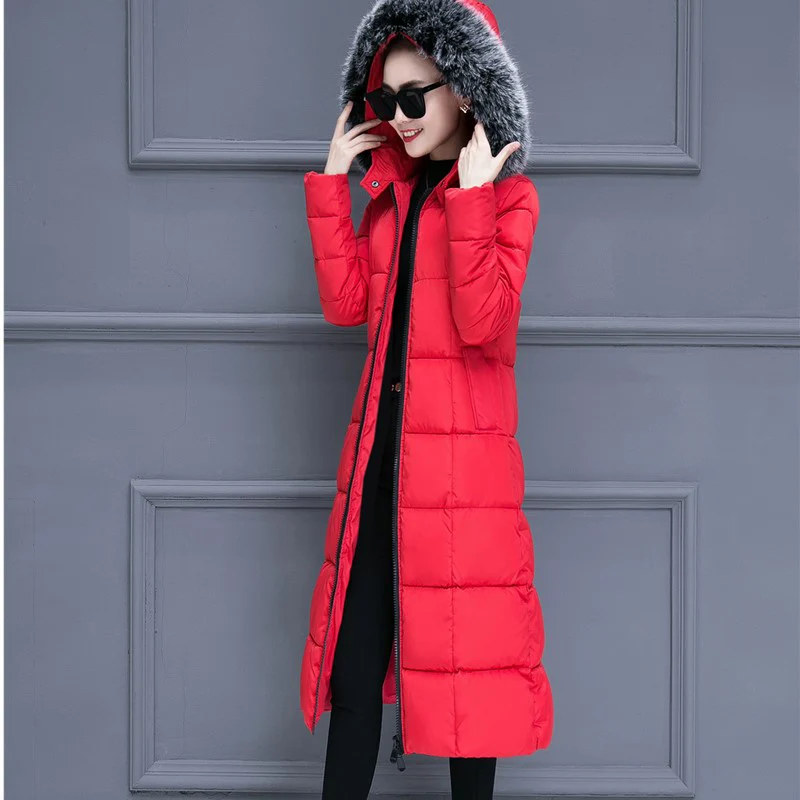 25 градусов, женские куртки, зимняя верхняя одежда, новые женские длинные парки, пальто, простой стиль, X-long, тонкий большой меховой воротник, толстый теплый - Цвет: Красный