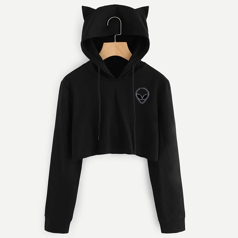 

Alien Cat Crop Top Long Sleeve T Shirt Black Autumn Winter Print O-neck Casual Women Tops Harajuku Kawaii Cropped Tumblr T-shirt