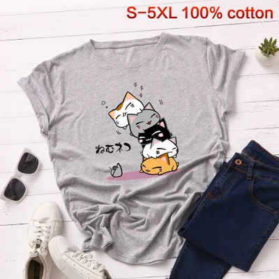 S-5XL, новинка, принт с милой кошкой, женская футболка, хлопок, круглый вырез, короткий рукав, летняя маленькая футболка с крысами, топы, повседневные, плюс футболки - Цвет: light gray