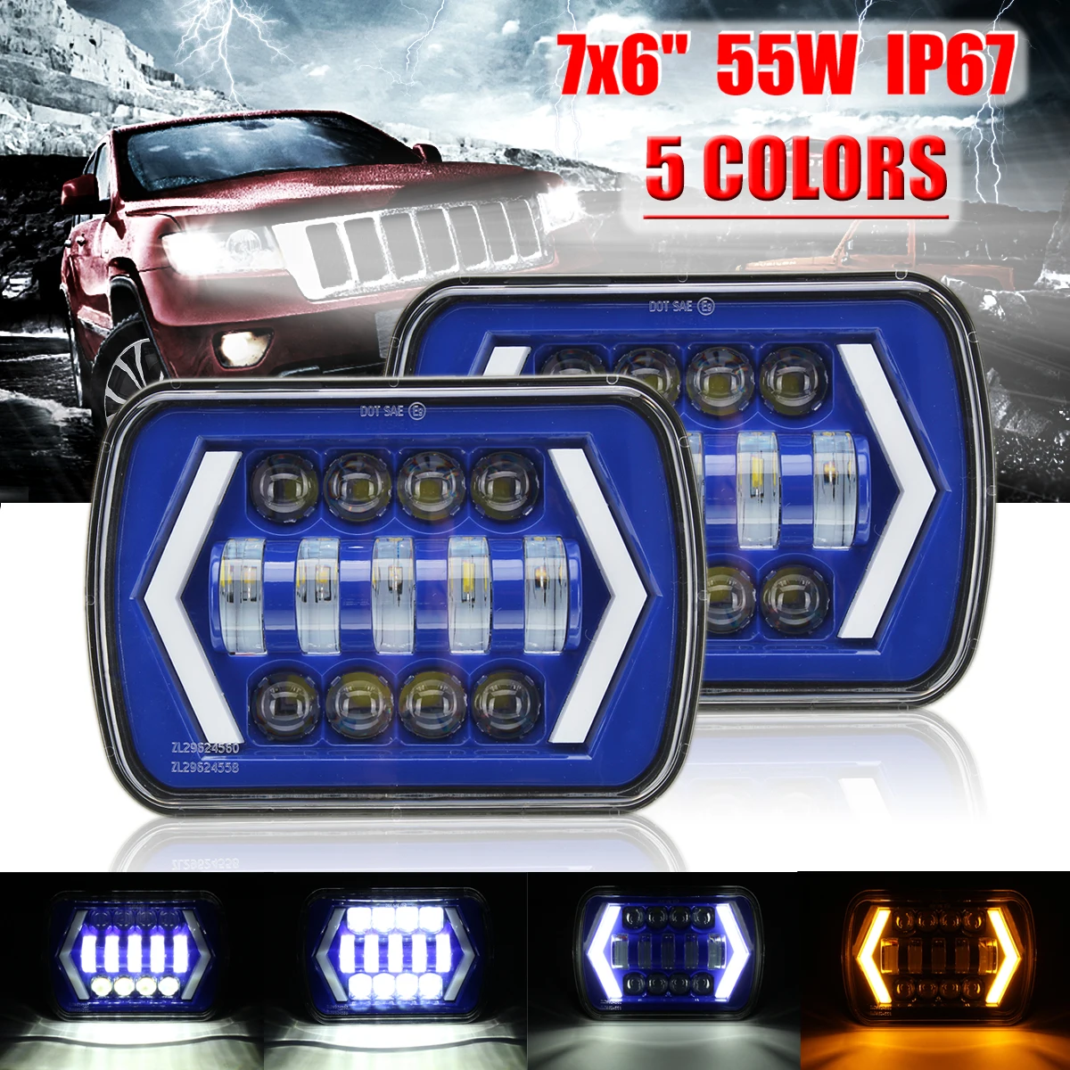 

2Pcs DOT 55W 7x6'' 5X7" LED Projector Headlight Hi-Lo Beam Halo DRL For Jeep Cherokee