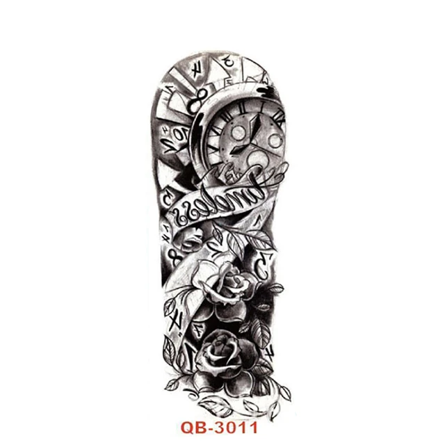 15*45cm Big Tattoos Black Clock & Rose Flower Waterproof Temporary Tattoos  Cool Tattoo Designs _ - AliExpress Mobile