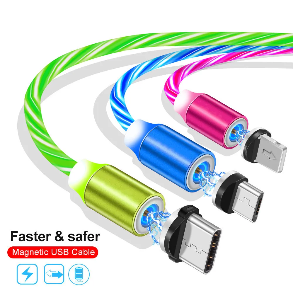 

Flow Luminous Magnetic Cable 1M 2.1A Fast Charge Streamer LED TPE Cord IOS Micro Plug Smart Mobile Phone Cable Charger Universal