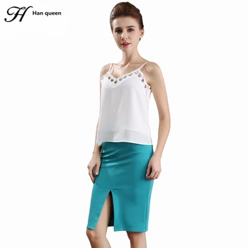 

H Han Queen New Womens Tracksuit 2 Piece Set Chiffon Suspender Crop Top And Skirt Business Work Sheath Casual Pencil Skirt Suit