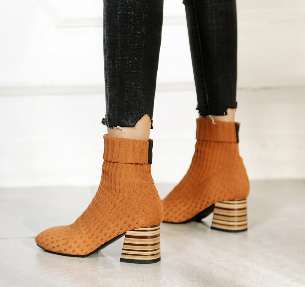 

Womens Chunky Mid-high Heels Square Toe Pull On Elastic Fabric Sock Boots e13
