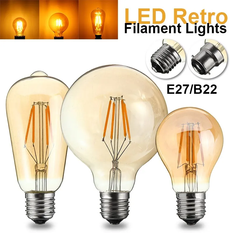 

B22 E27 Vintage Edison Bulb LED Light Retro Filament Bulb 4W G95/ST58/A60 Globe Cage Pendant Lamp Bulbs 220V-240V 400LM