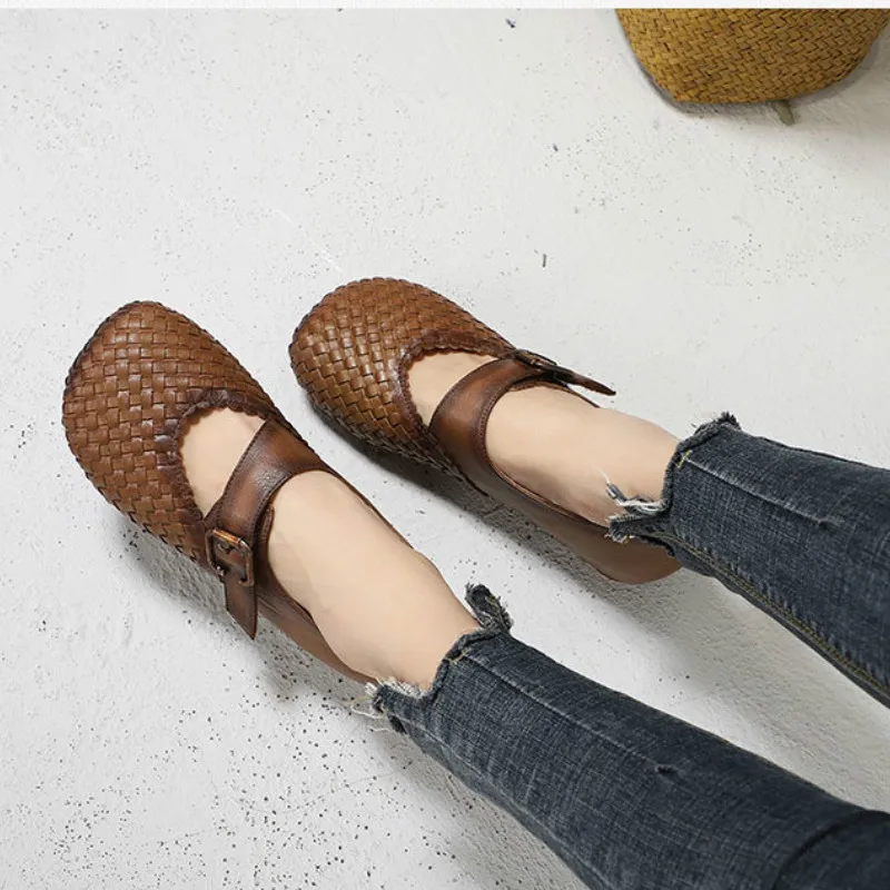 

Women Genuine Leather Flats Ankle Strap Shoes Low Heel 2019 Spring Mary Jane Women Flats Retro Brand Handmade Women Leather Shoe