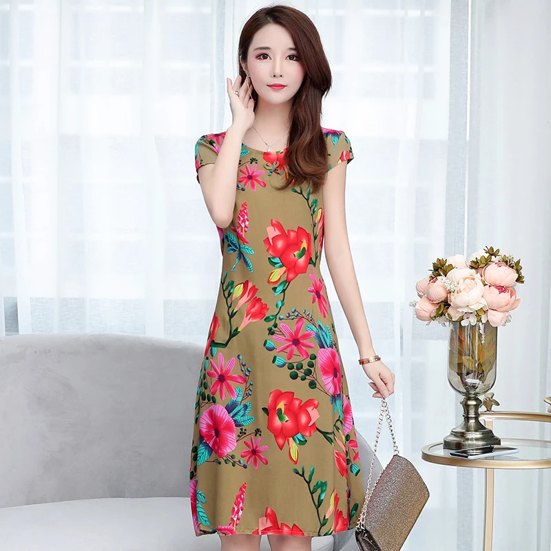 

Women Summer Cotton short Sleeve o-neck Ladies Casual Loose Casual print Dress Plus Size Vestido Feminino