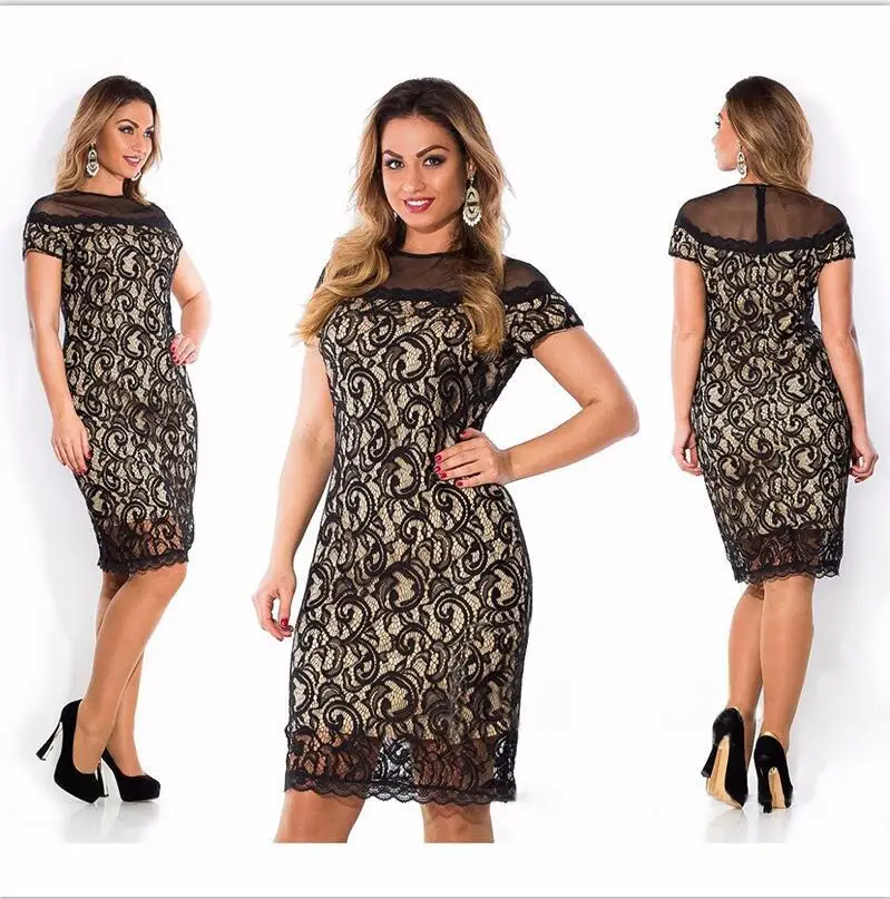 6XL Yarn O Neck Lace Spliced Sexy Dresses For Women Summer Big Size
