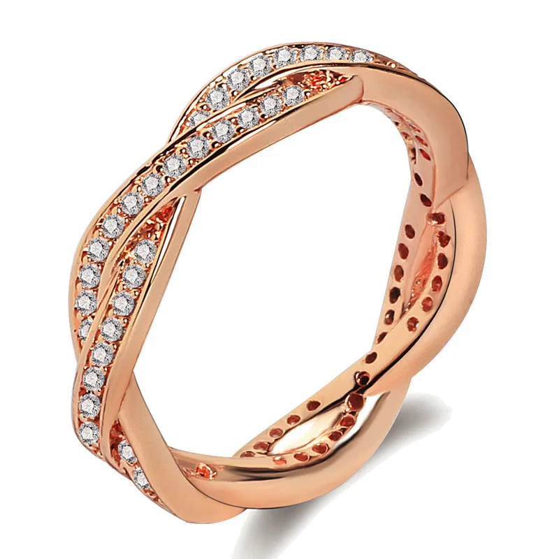 

Twist Shape Double Row Rose Gold Wedding Ring for Women Micro-inlaid Simulation Ring Fashion Jewelry Engagement Love Rings Gift