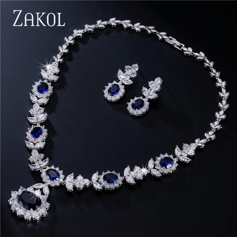 ZAKOL Mewah Pengikat Warna Biru Gelap AAA Set Barang Kemas Cubic Zirconia untuk Perhiasan Perkahwinan Bunga Pengantin Elegant FSSP112