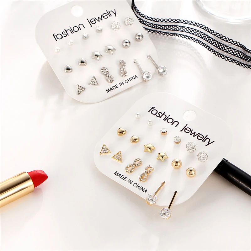 

Small Mini Stud Earrings Set For Women Ladies Gold Sliver Color Small Geometric Metal Crystal Stud Earring Set Femme Jewelry