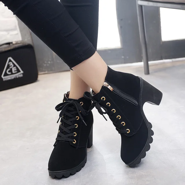 Women shoes 2018 Lace up Ladies Platform high heel single shoes vintage women motorcycle boots martin