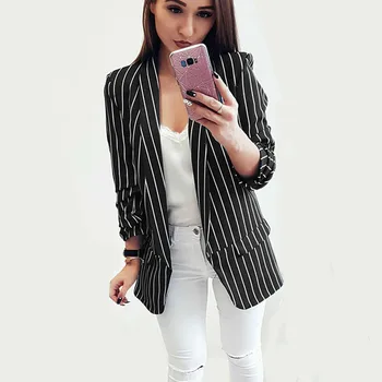 

Women's Fashion Cuff Folds Elegant Coats Blazers Feminino Black White Striped Outwear Casual Slim Fit Jackets for Office Lady