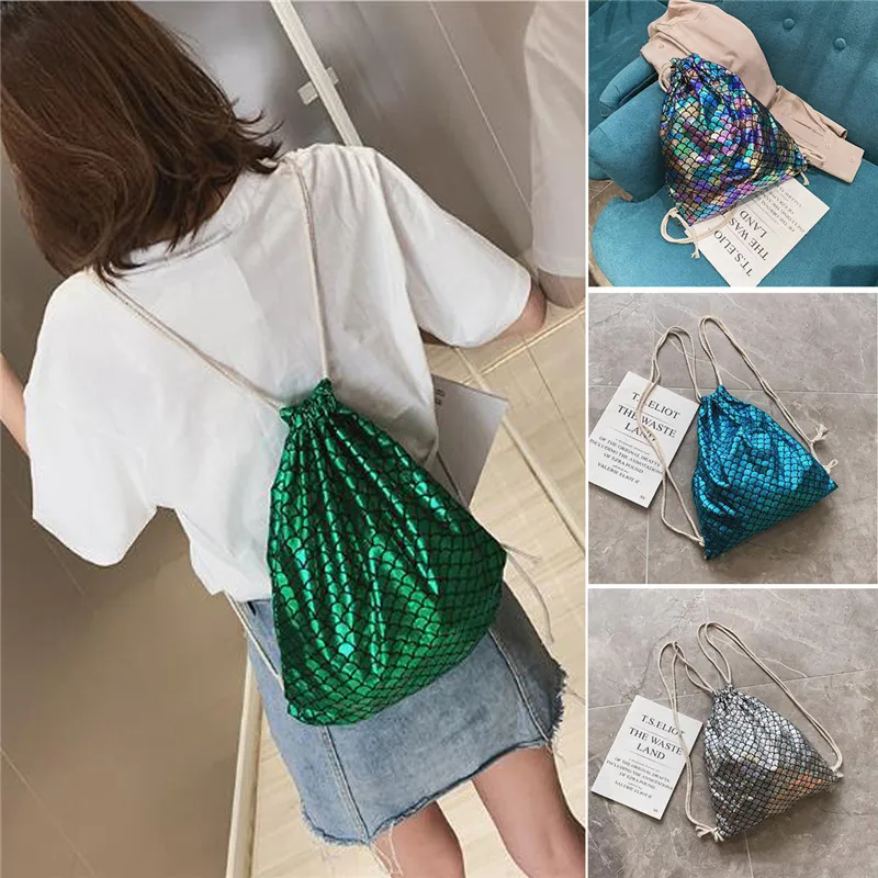 Fish Scale Women Drawstring Backpacks Travel Shoulder Bags Satchel Tote Clutch