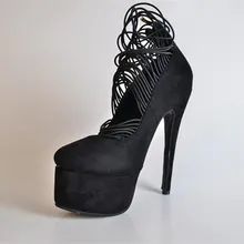 Schwarz Handgemachte Starke Plattform Stiletto High Heels Weibliche Schuhe Wildleder Verziert Mit String Round Toe Lace-up Mature Pumpen