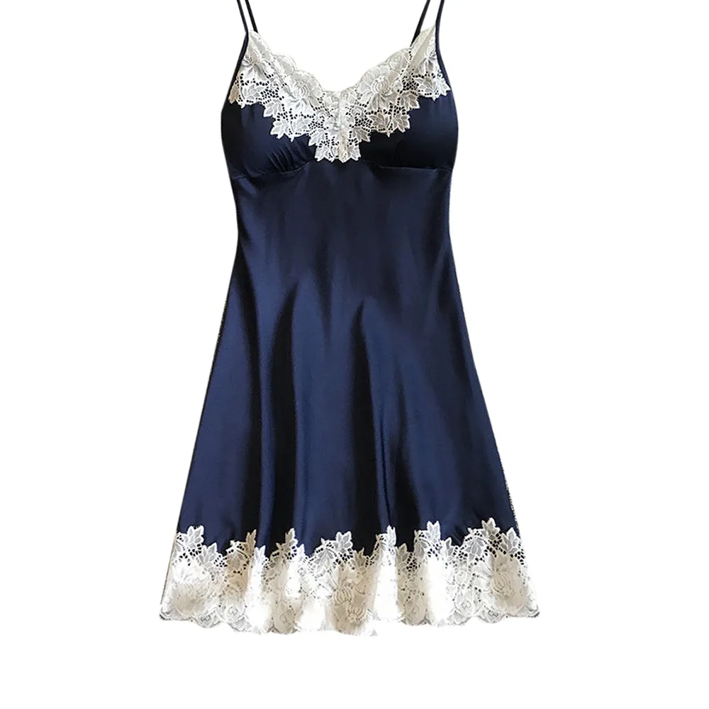 Женское сексуальное белье, шелковая ночная рубашка, летнее платье, кружевное Ночное платье, ночная рубашка, ночная сорочка, атласная Домашняя одежда, ночная рубашка - Цвет: Blue