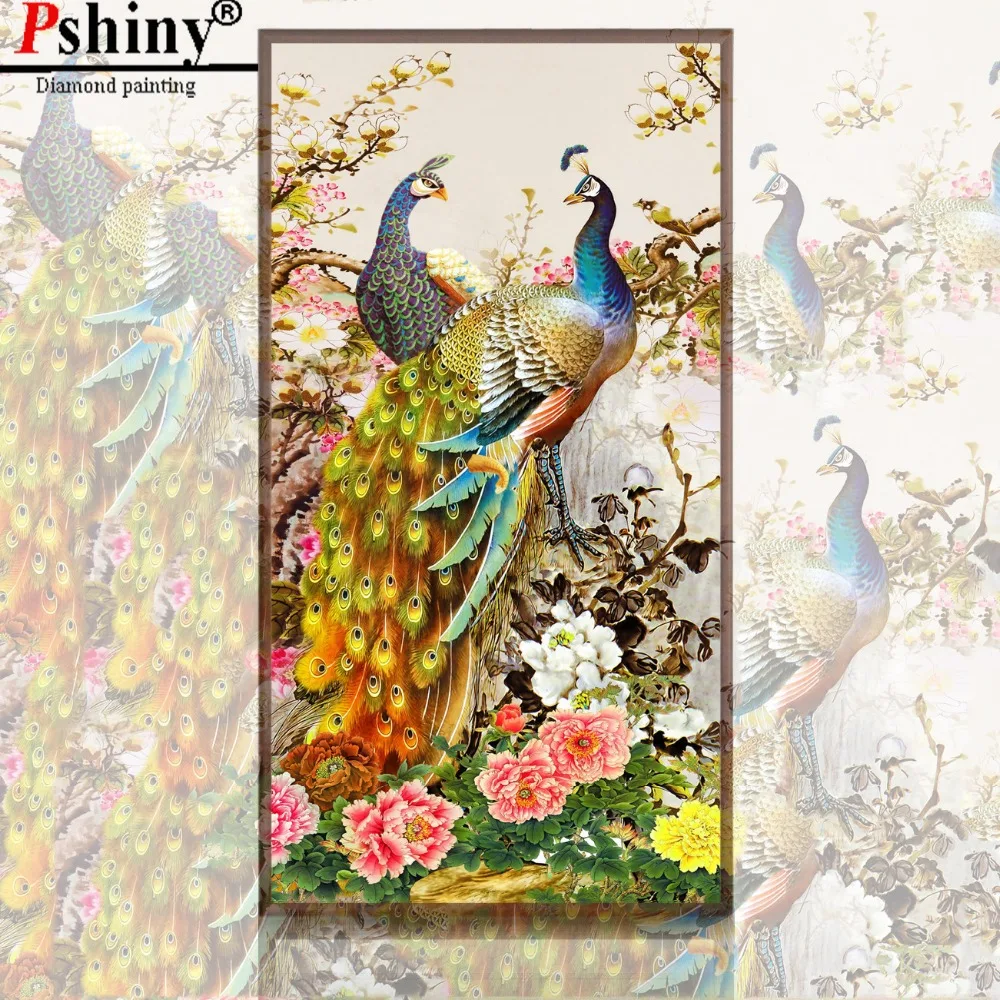 PSHINY DIY 5D Вышивка с бриллиантами продажа две картины изображением павлина из