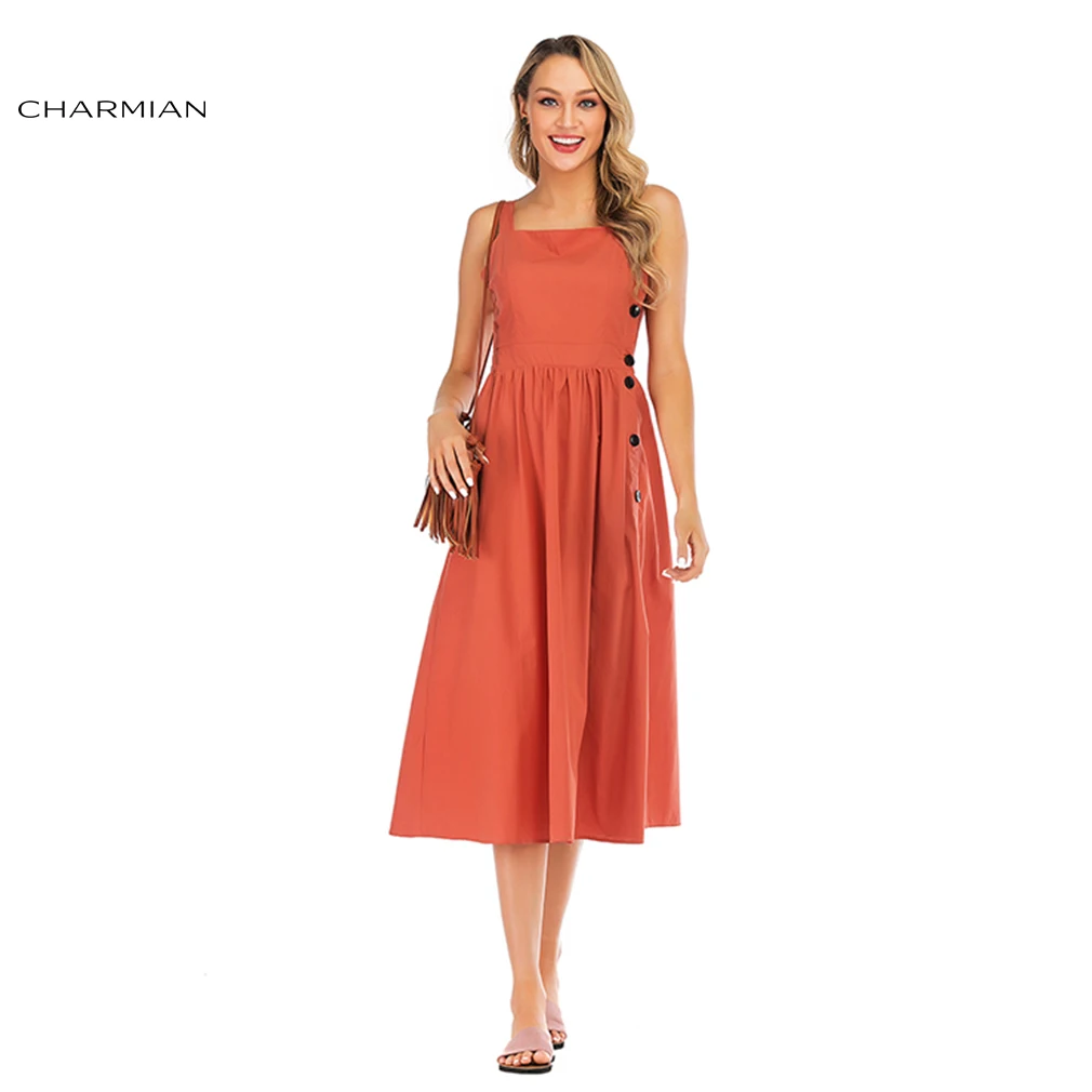 

Charmian Women's Casual Wide Straps Straight Neckline Side Button High Waist Summer Calf-length Dress