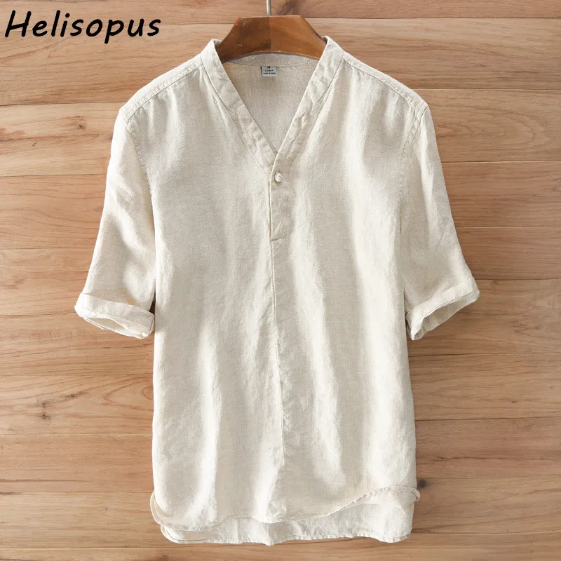 Helisopus Mens Pure Linen Shirts Summer Breathable Casual Shirts One ...